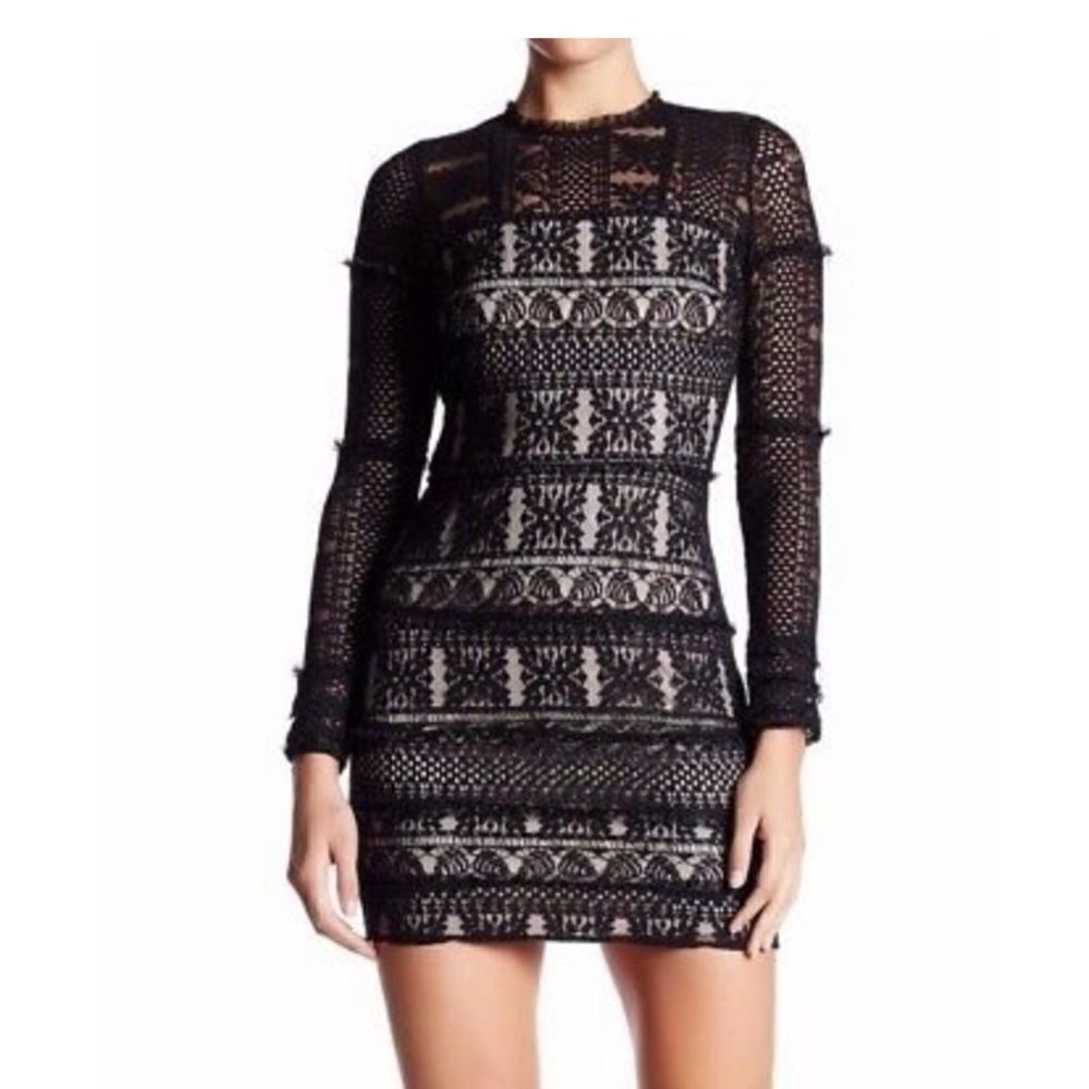 PARKER LACE RUFFLE LONG SLEEVE CONTRAST DRESS BLACK Size Medium